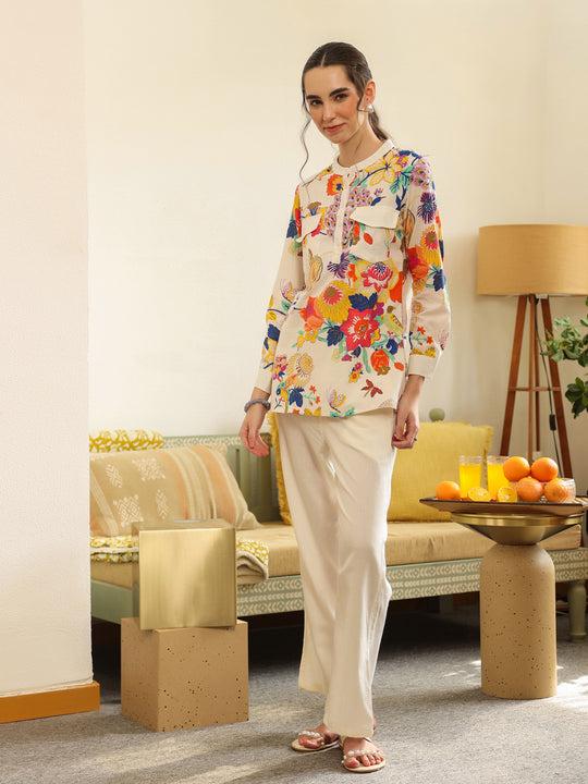 White Shirt Collar Pure Cotton Top Printed Co-ords Set for Women