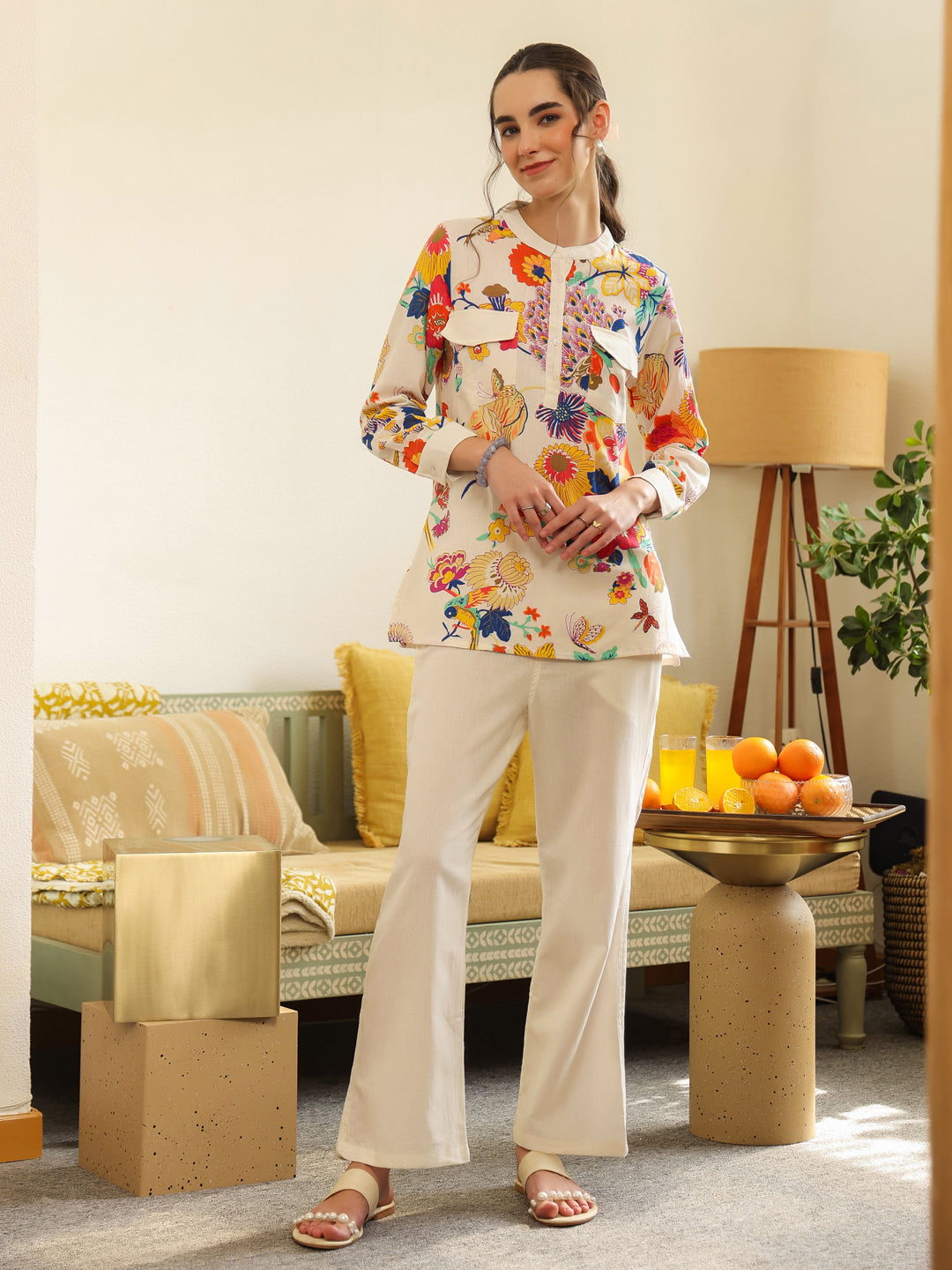 White Shirt Collar Pure Cotton Top Printed Co-ords Set for Women