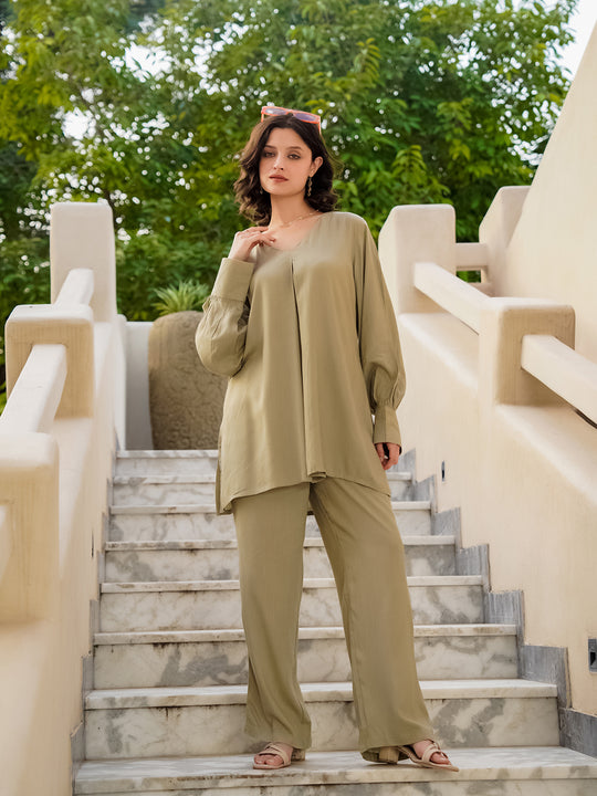 Beige Viscose Rayon Solid V-Neck  Co-ords Set for Women
