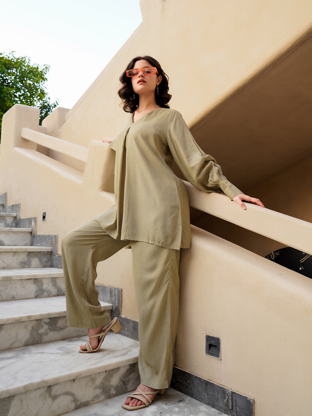 Beige Viscose Rayon Solid V-Neck  Co-ords Set for Women