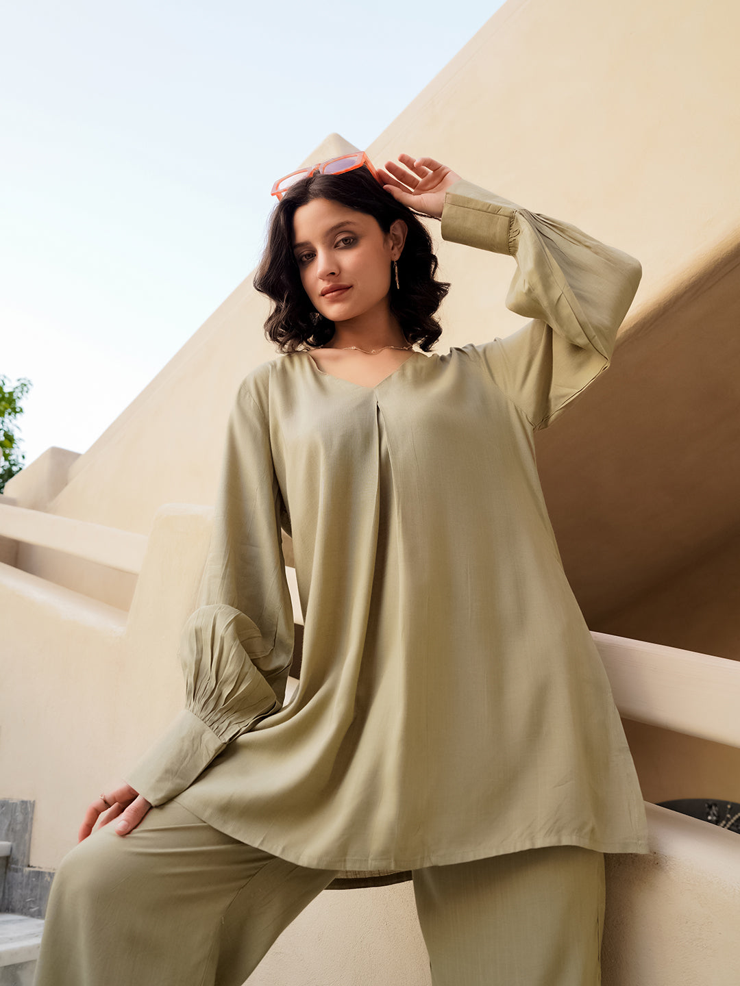 Beige Viscose Rayon Solid V-Neck  Co-ords Set for Women