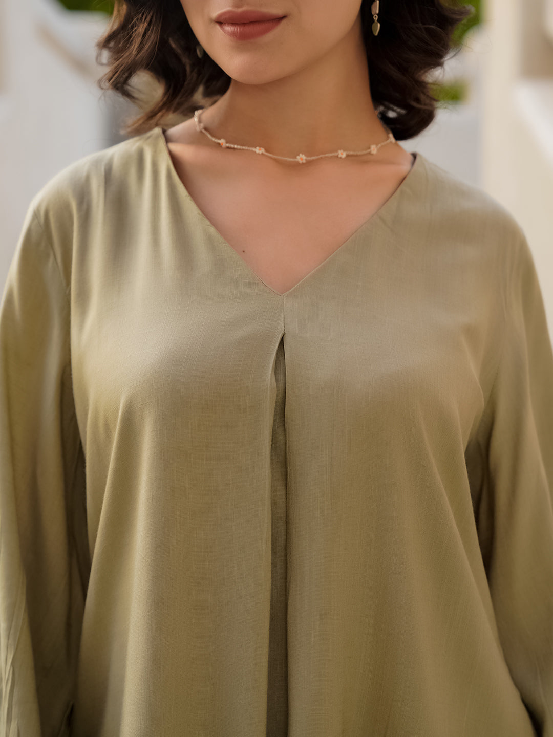 Beige Viscose Rayon Solid V-Neck  Co-ords Set for Women