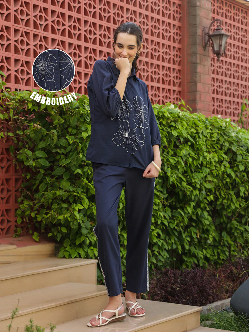 Navy Blue Shirt Collar Pure Cotton Top Solid Co-Ords Set For Women