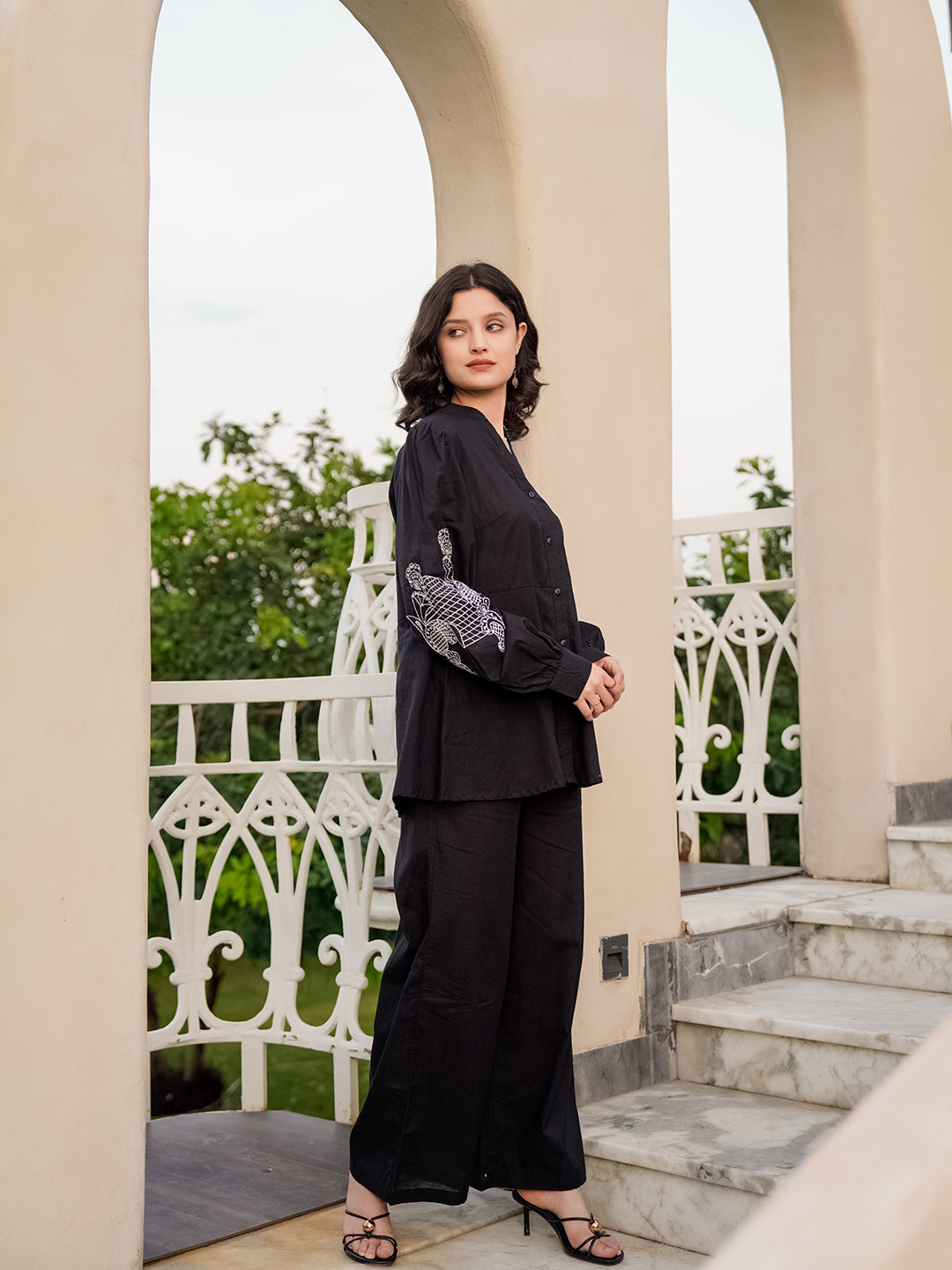 Black Pure Cotton Solid Mandarin Collar Co-ords Set for Women