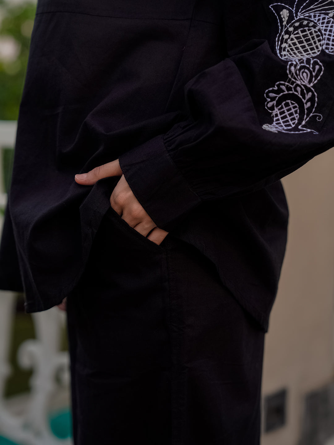Black Pure Cotton Solid Mandarin Collar Co-ords Set for Women