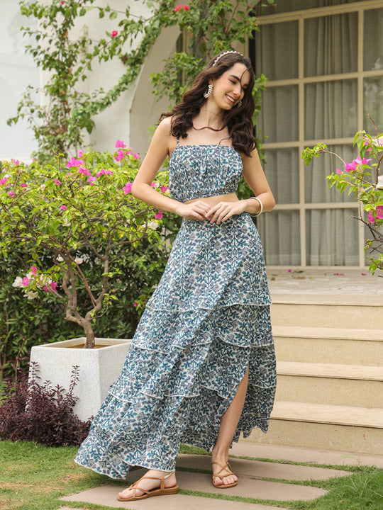 Blue Square Neck Pure Cotton Top Printed Co-ords Set for Women