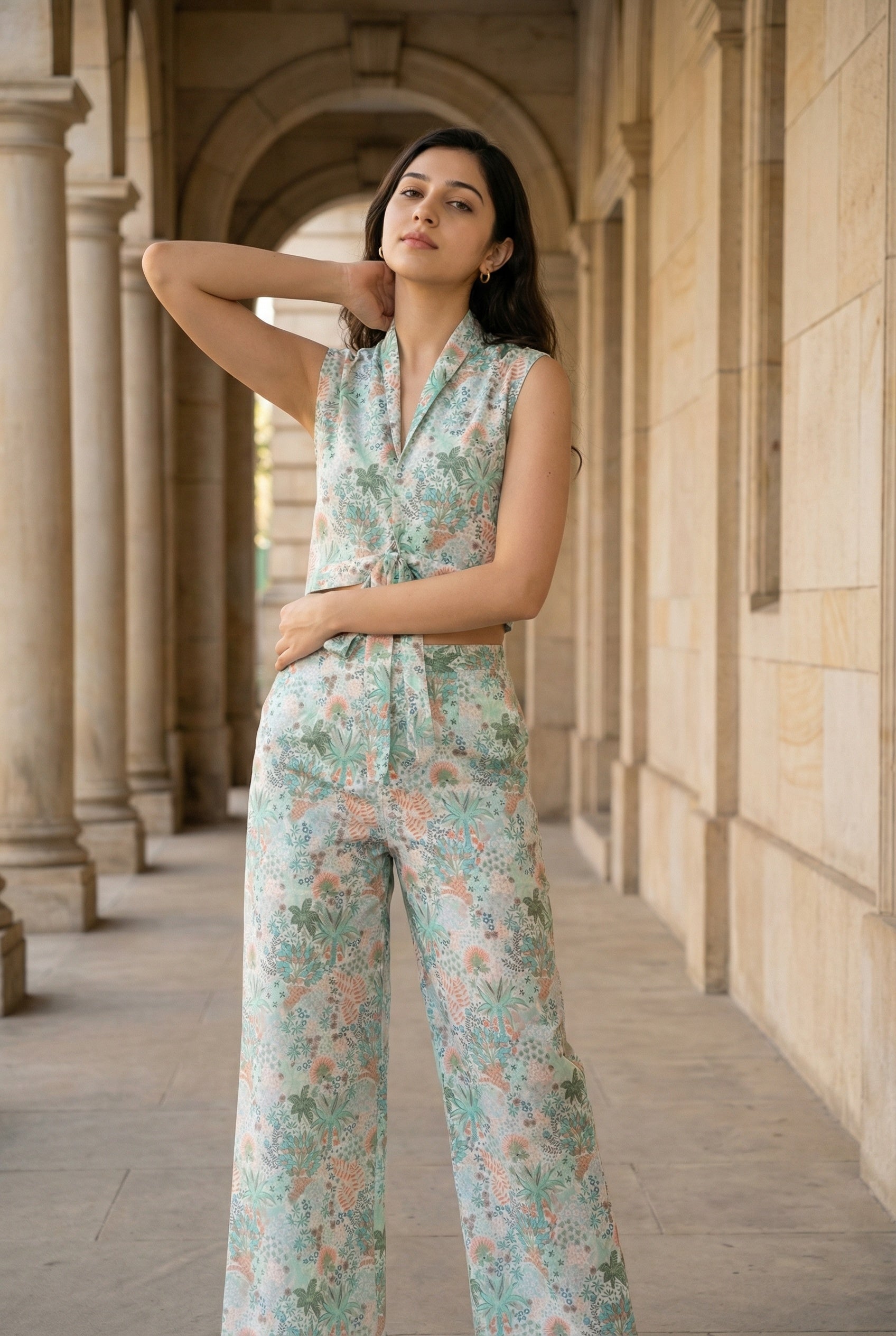 Green Color Floral Print V-Neck Printed Co-Ords Set For Women