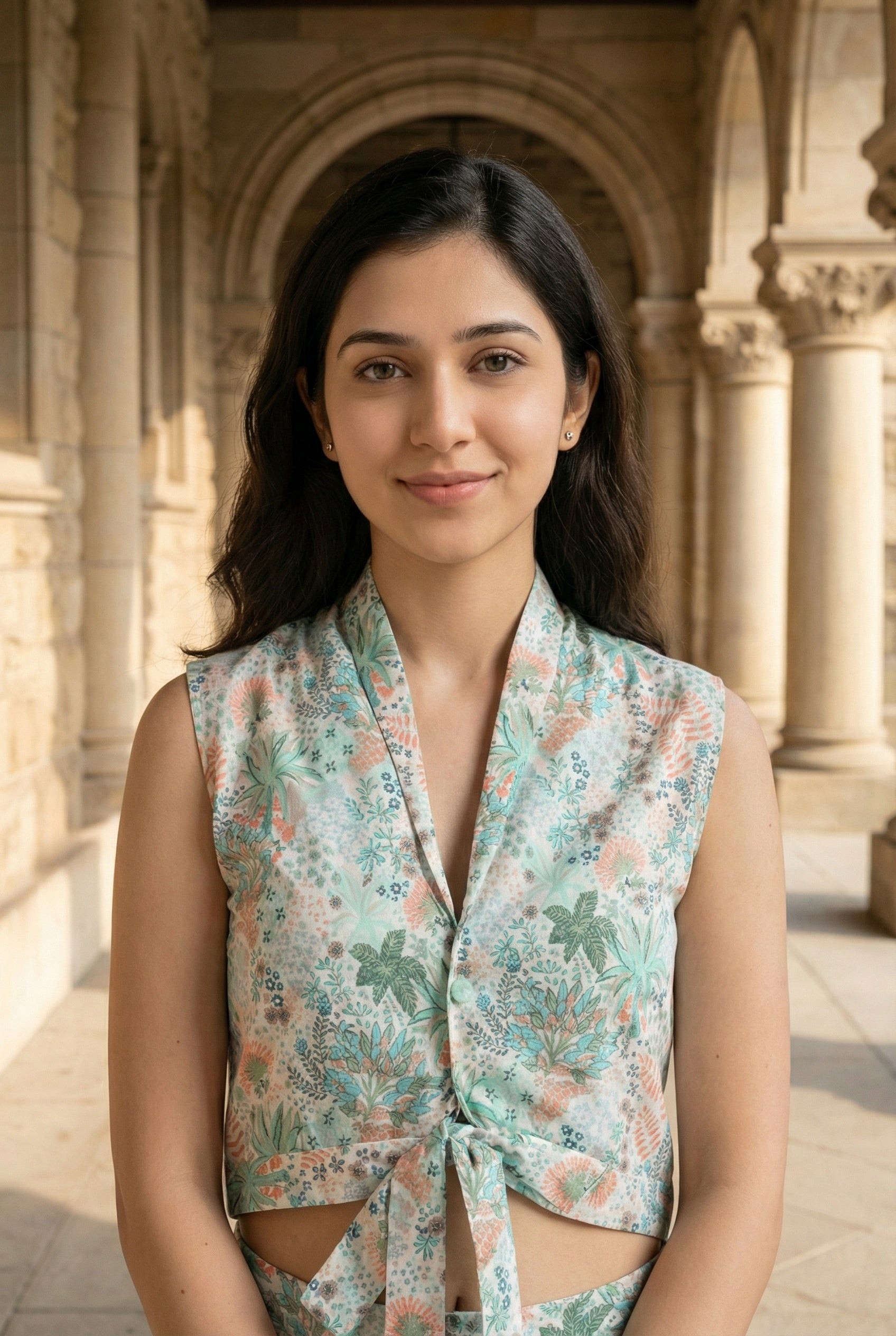 Green Color Floral Print V-Neck Printed Co-Ords Set For Women