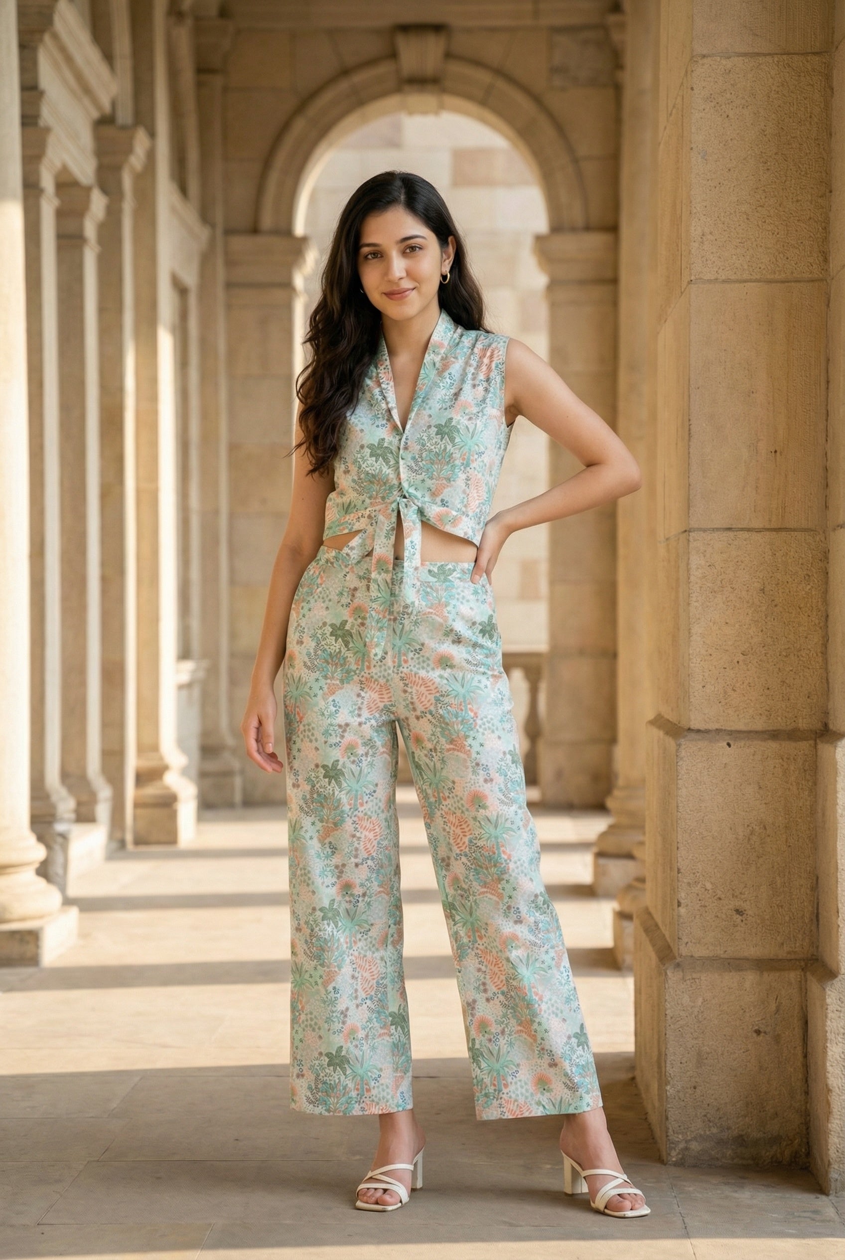 Green Color Floral Print V-Neck Printed Co-Ords Set For Women