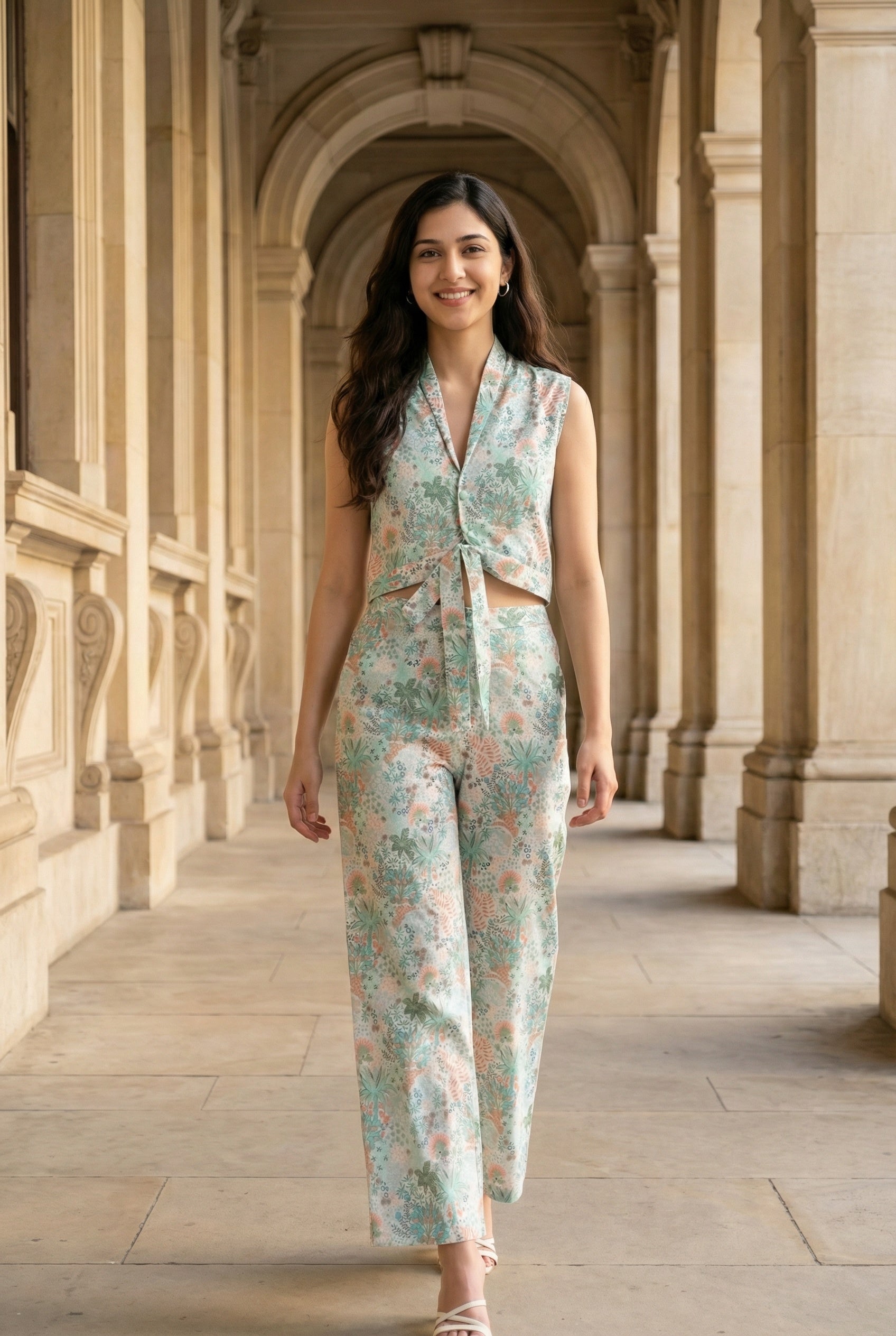 Green Color Floral Print V-Neck Printed Co-Ords Set For Women