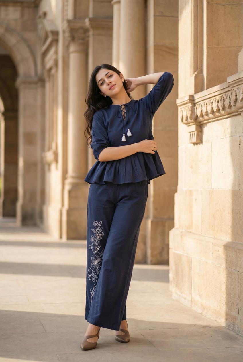 Blue Round Neck Solid Print Pure Cotton Co-Ords Set For Women