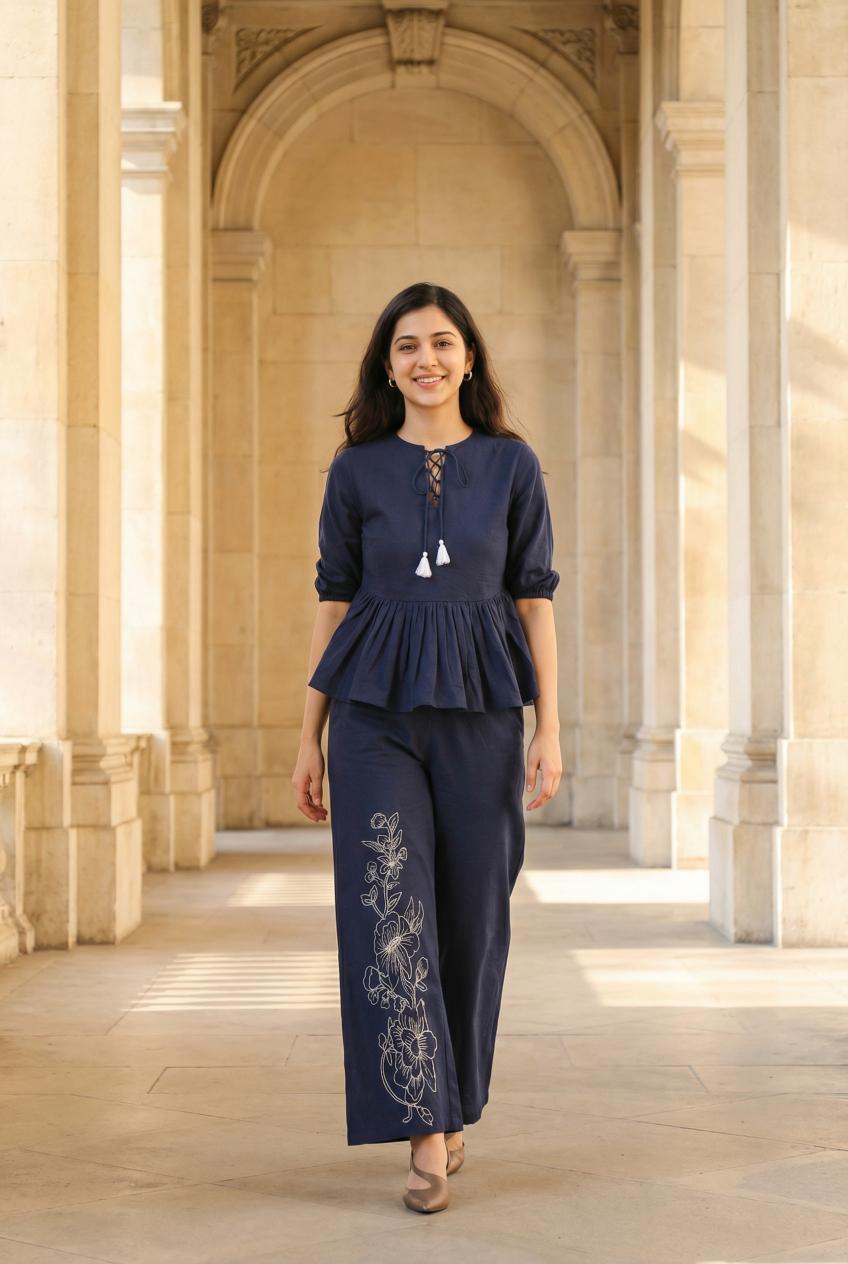 Blue Round Neck Solid Print Pure Cotton Co-Ords Set For Women