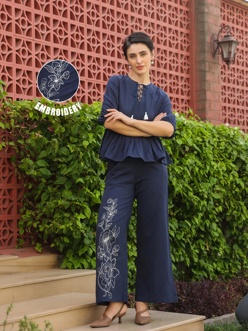 Blue Round Neck Pure Cotton Top Solid Co-Ords Set For Women