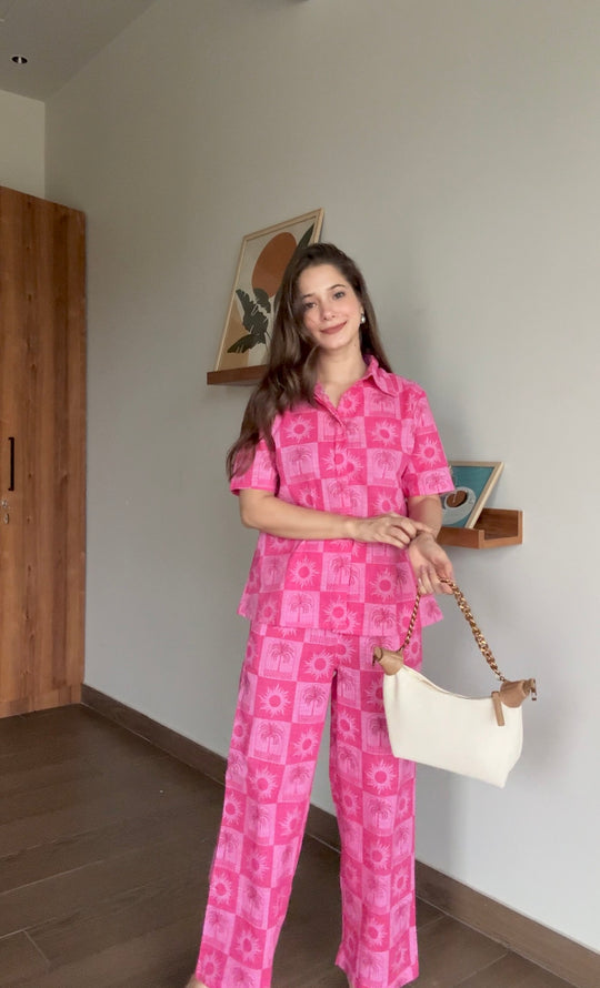 Pink Floral Printed Cotton Co-ords Set for Women