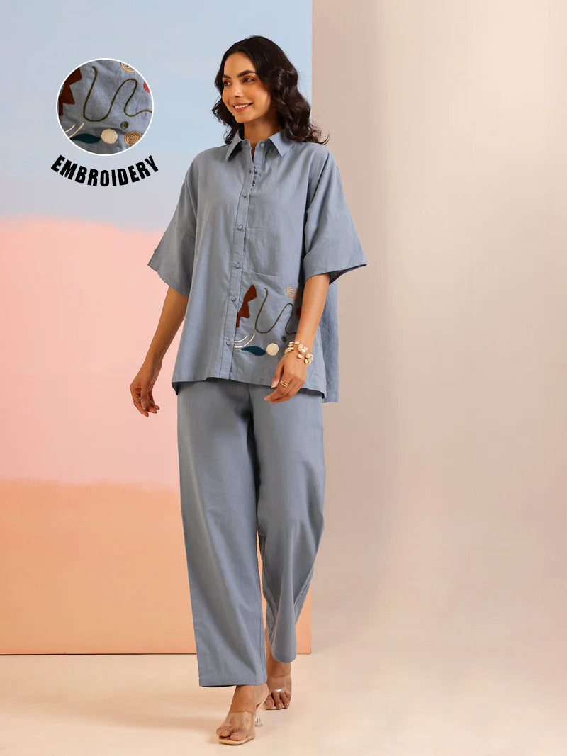 Blue Shirt Collar Pure Cotton Solid Co-Ords Set For Women