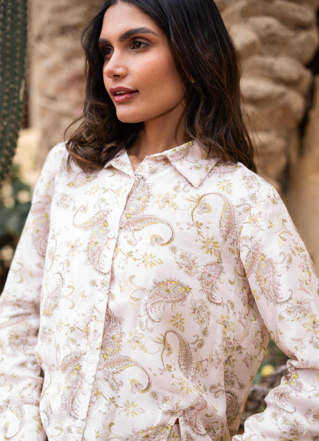 Beige Shirt Collar Pure Cotton Printed Co-ords Set