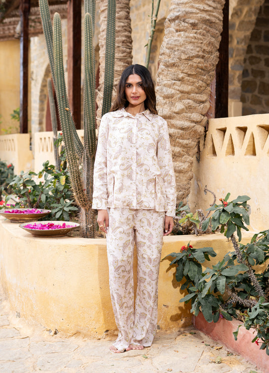 Beige Shirt Collar Pure Cotton Printed Co-ords Set