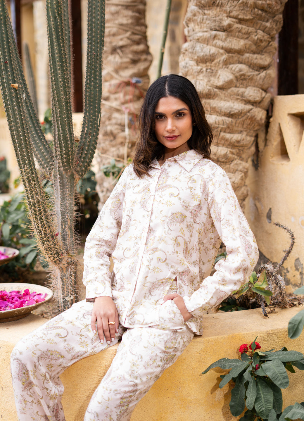 Beige Shirt Collar Pure Cotton Printed Co-ords Set