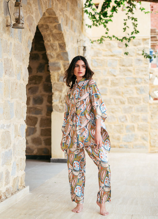 Green Shirt Collar Viscose Rayon Printed Co-ords Set