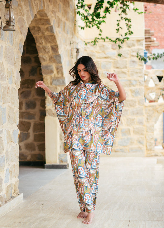 Green Shirt Collar Viscose Rayon Printed Co-ords Set