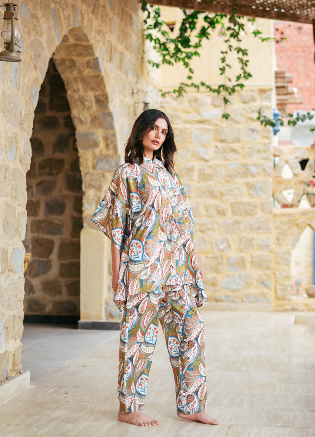 Green Shirt Collar Viscose Rayon Printed Co-ords Set