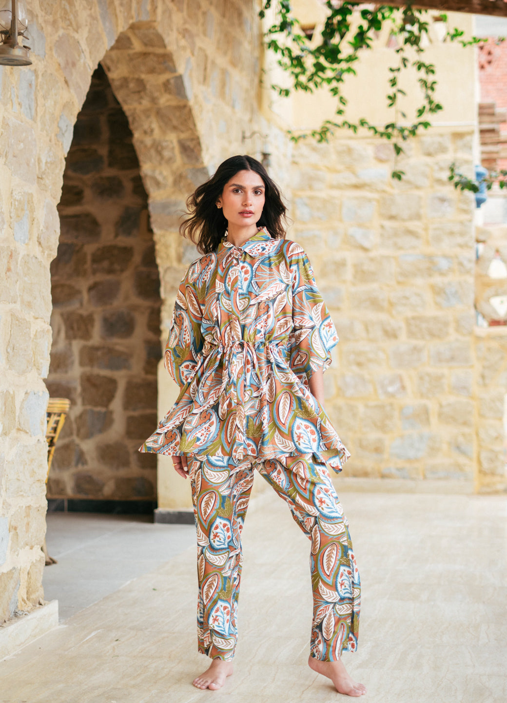 Green Shirt Collar Viscose Rayon Printed Co-ords Set