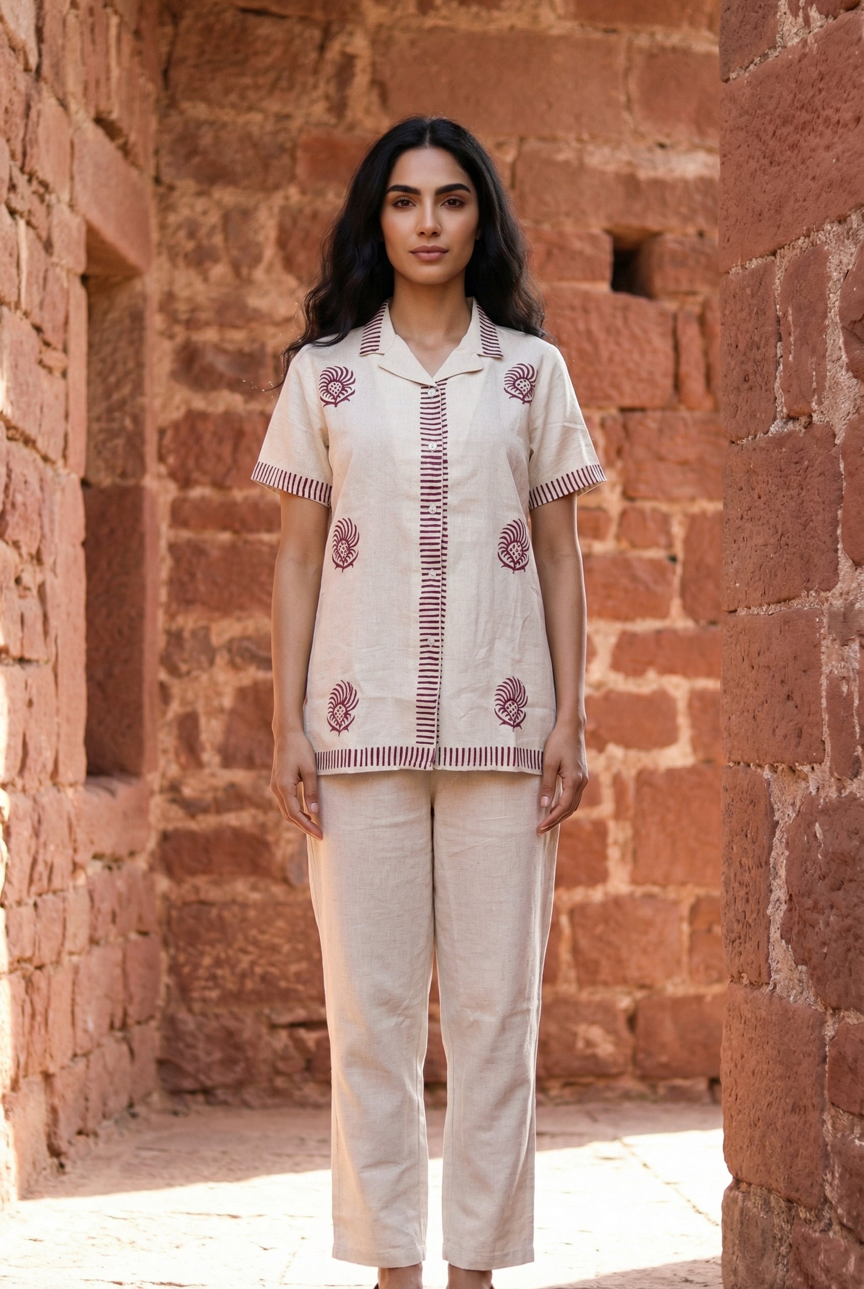 Beige Printed Shirt Collar Pure Cotton Co-Ord Set for Women