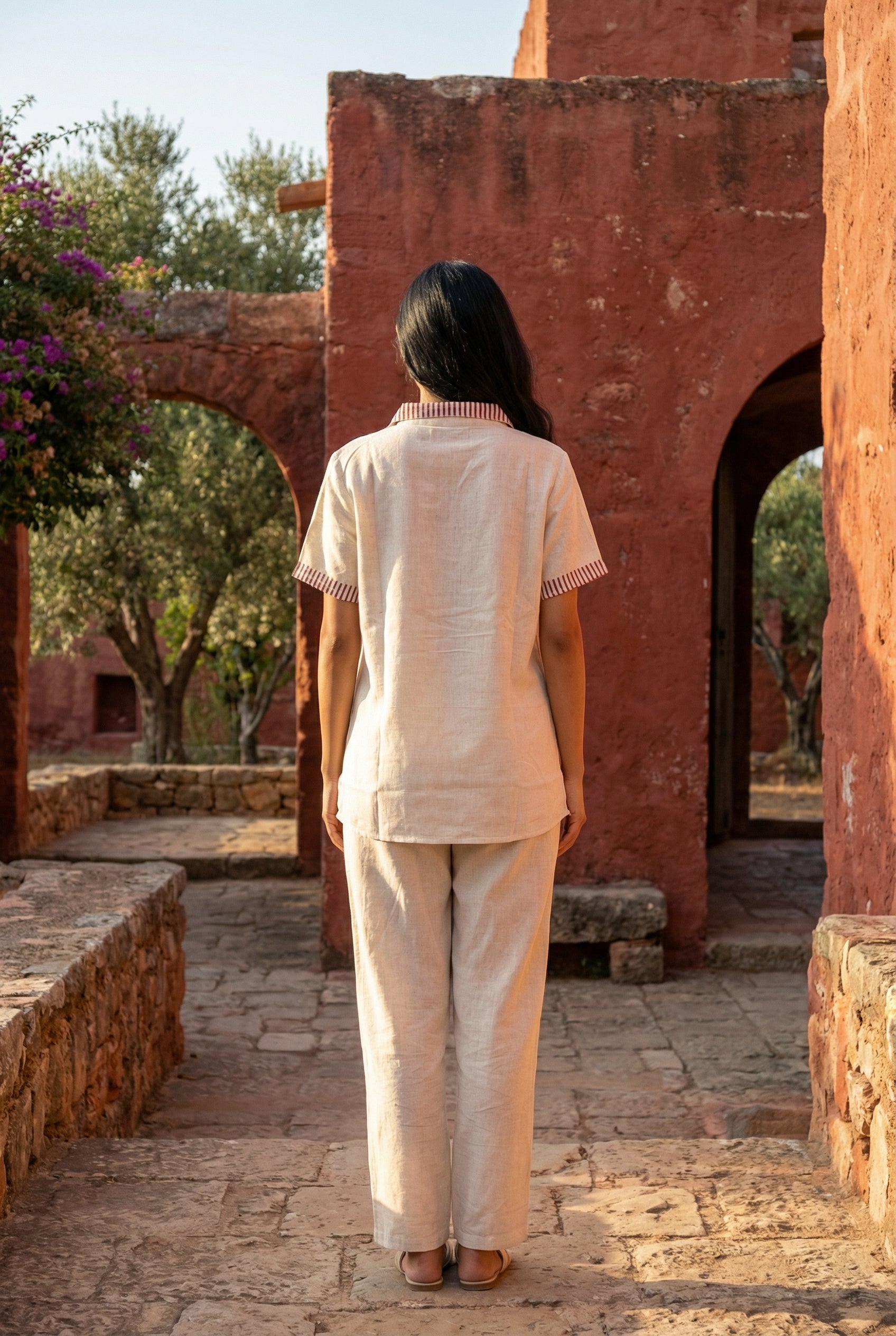 Beige Printed Shirt Collar Pure Cotton Co-Ord Set for Women