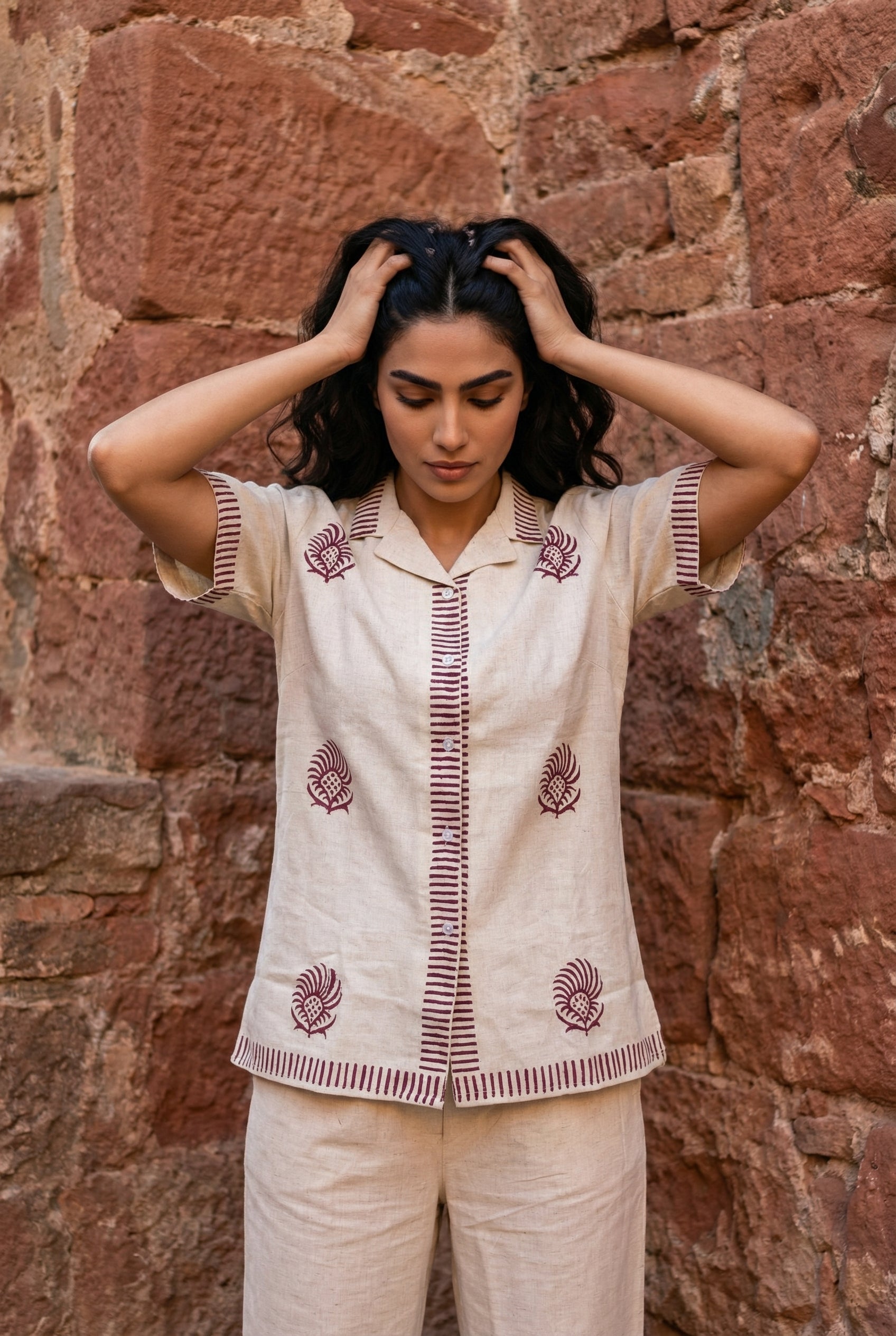 Beige Printed Shirt Collar Pure Cotton Co-Ord Set for Women