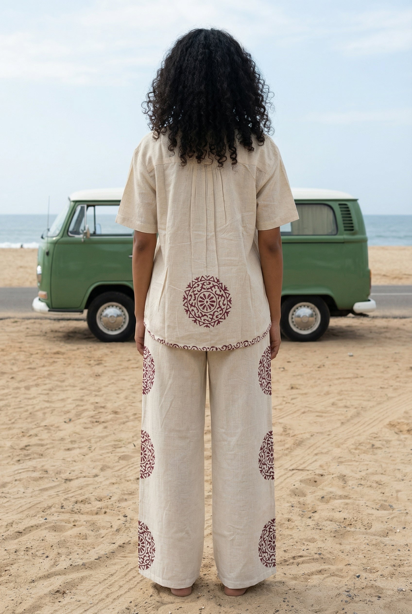 Beige Color block Print Shirt Collar Pure Cotton Co-ord Set for Women