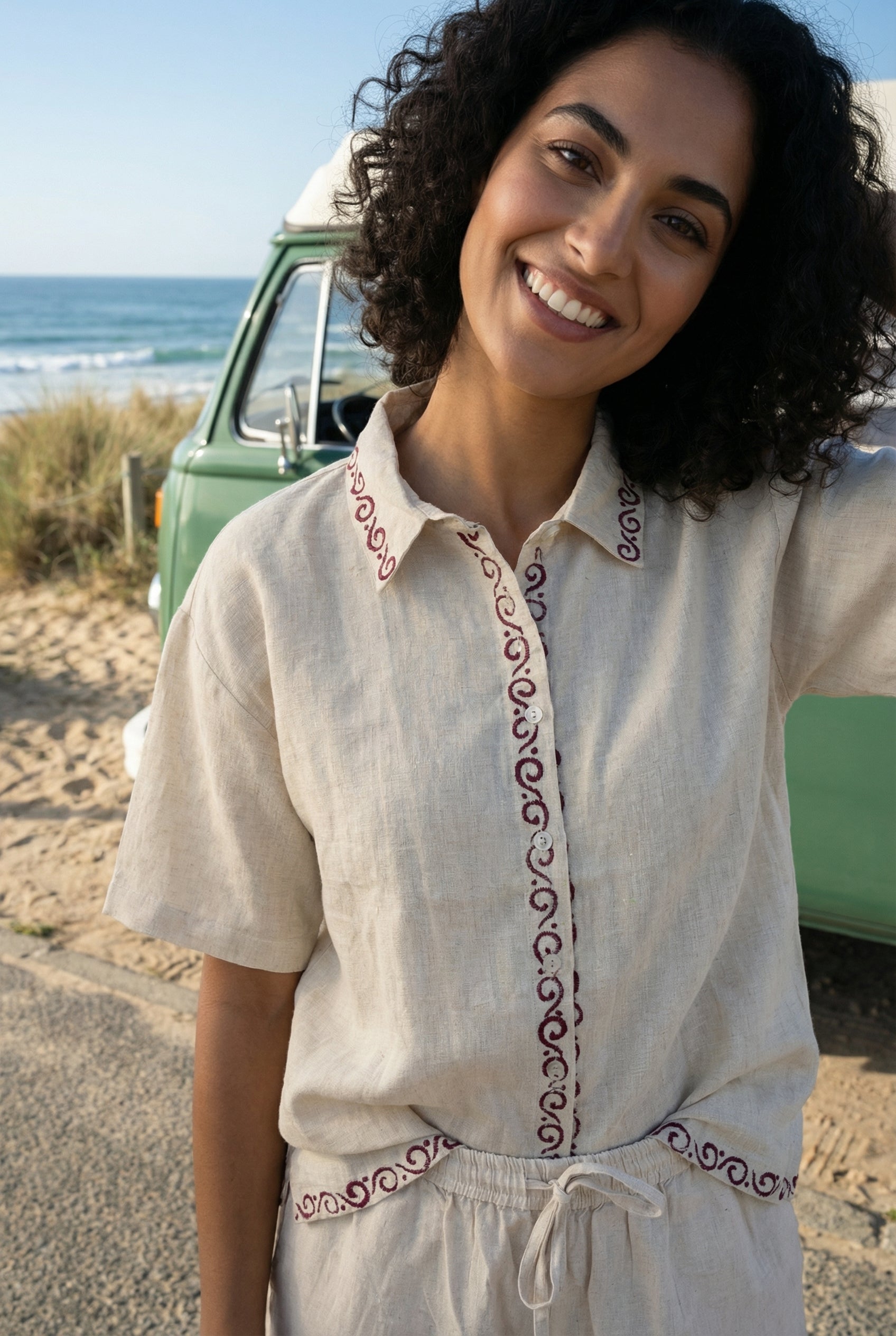 Beige Color block Print Shirt Collar Pure Cotton Co-ord Set for Women