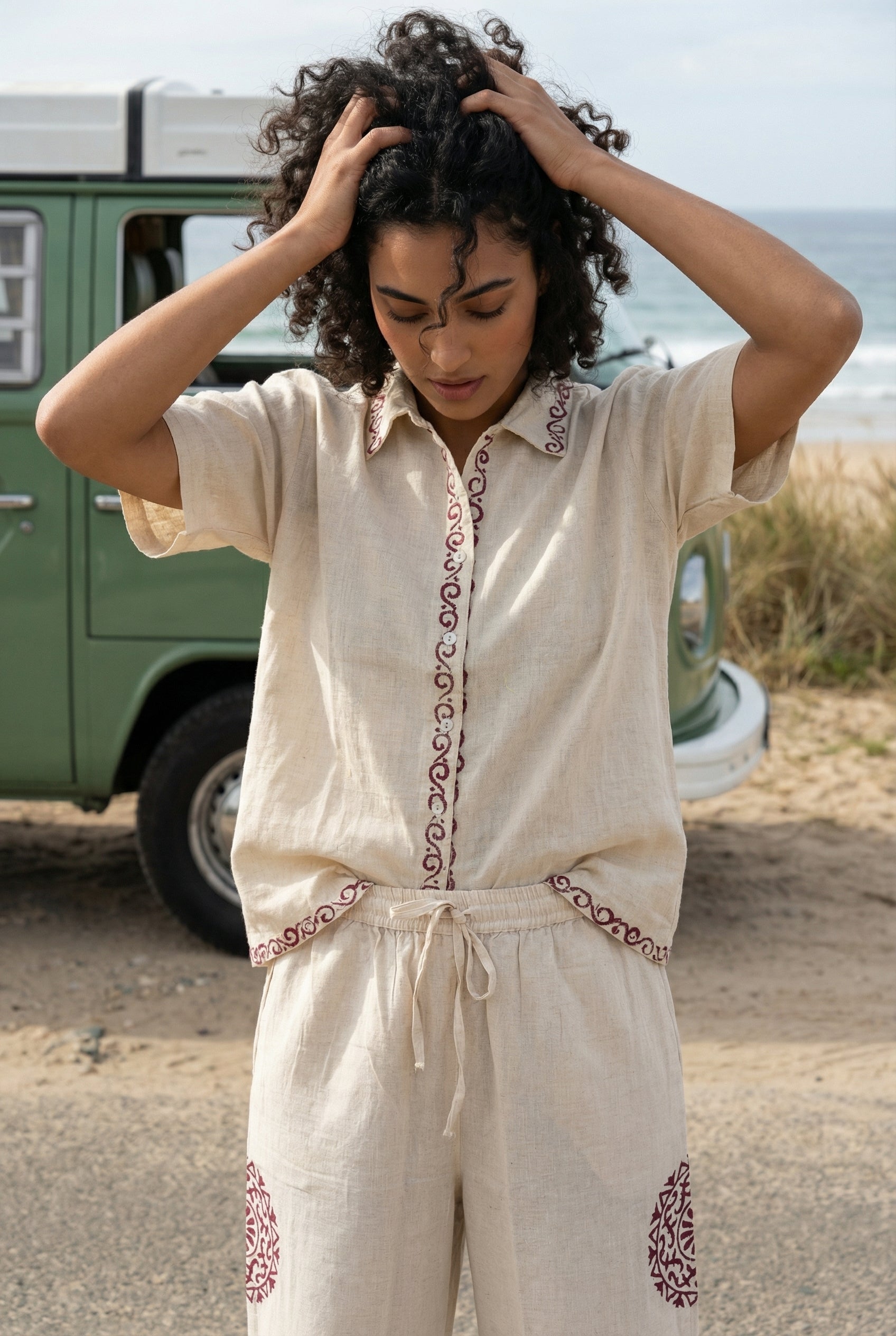 Beige Color block Print Shirt Collar Pure Cotton Co-ord Set for Women