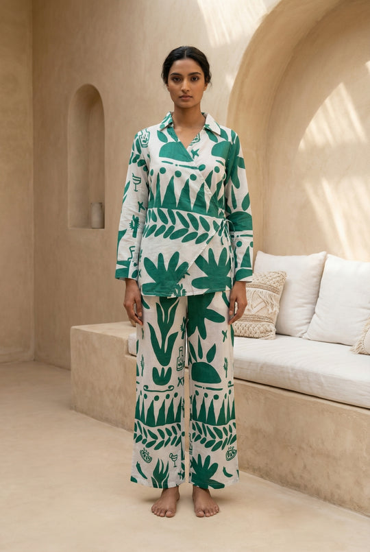 White Abstract Print Shirt Collar Pure Cotton Co-Ord Set for Women