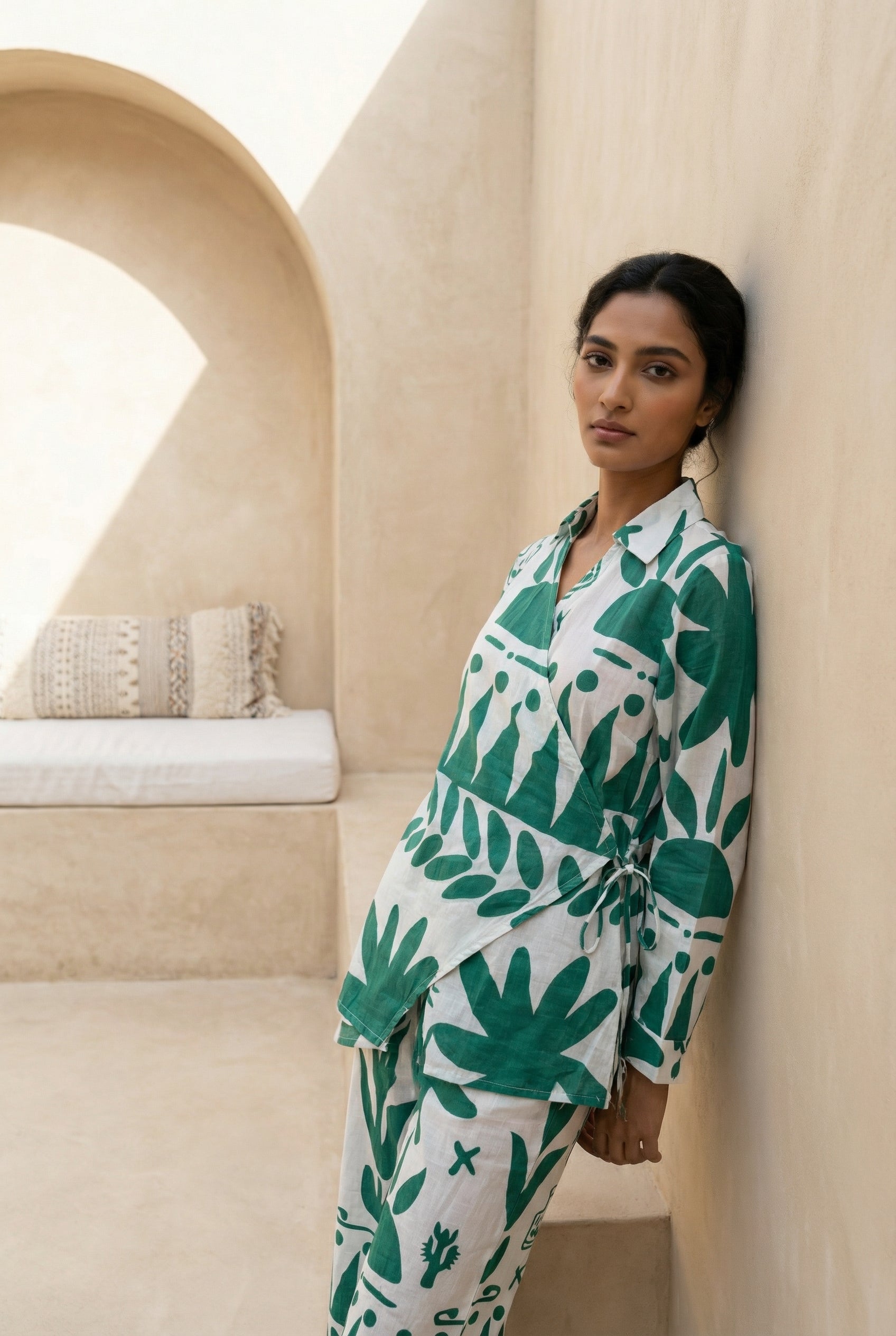 White Abstract Print Shirt Collar Pure Cotton Co-Ord Set for Women