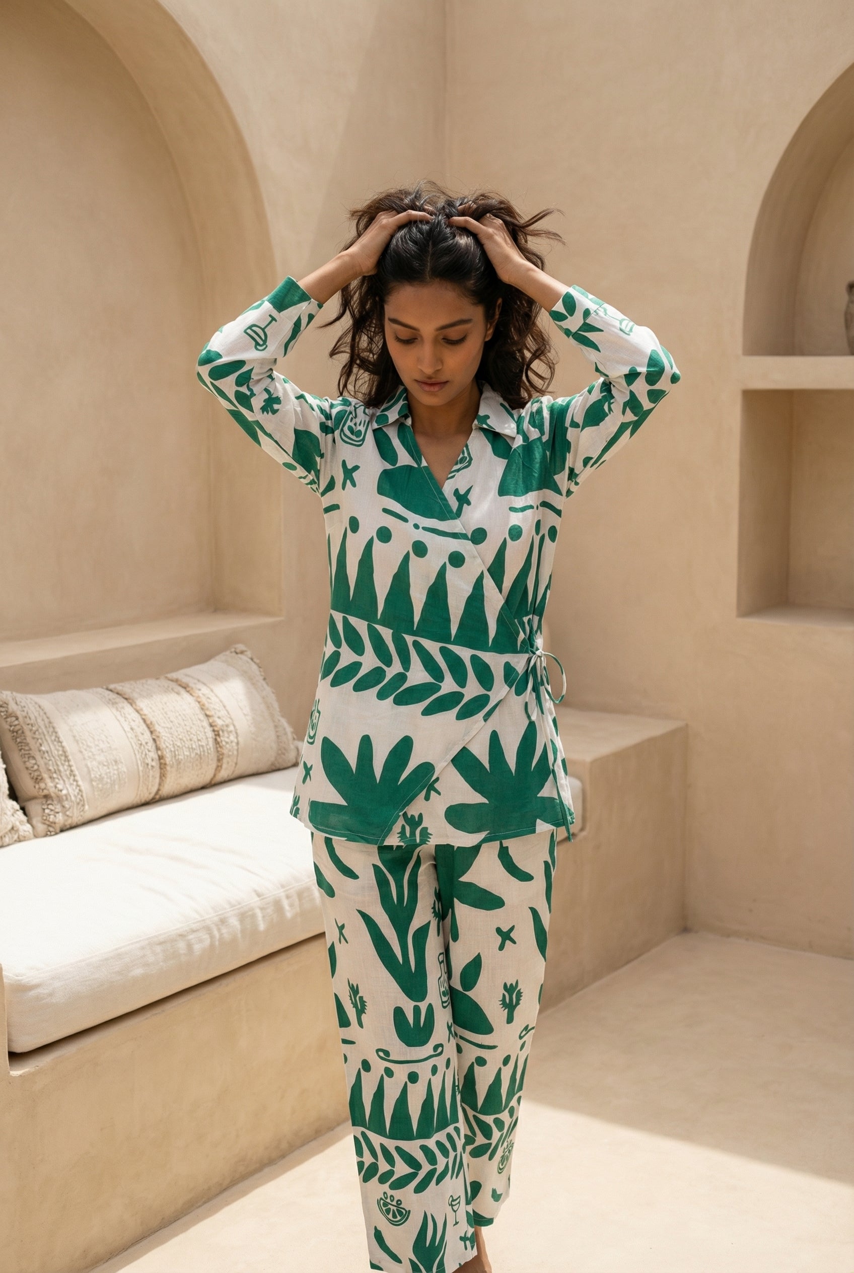 White Abstract Print Shirt Collar Pure Cotton Co-Ord Set for Women