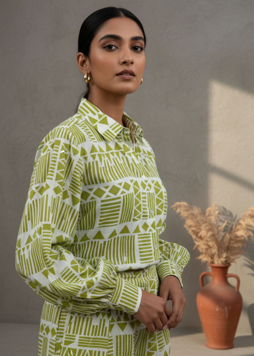 Green Abstract Print Shirt Collar Co-Ord Set for Women