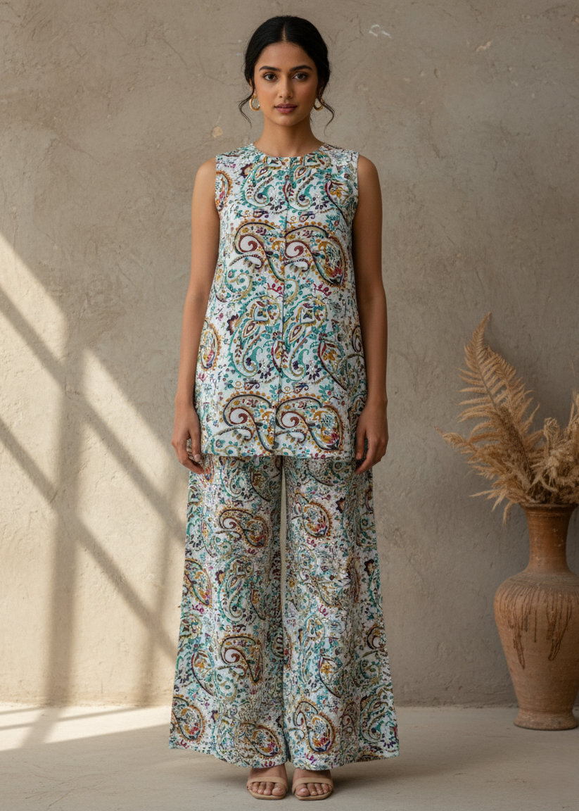 White Round Neck Sleeveless Printed Co-Ord Set For Women
