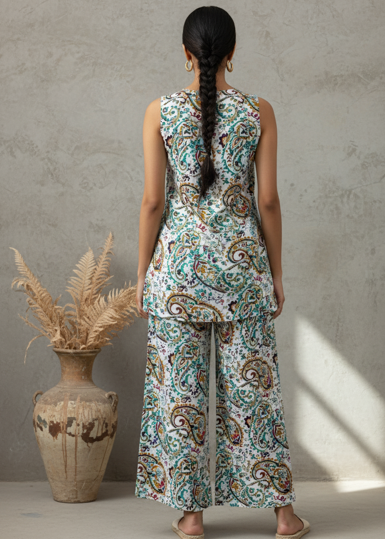 White Round Neck Sleeveless Printed Co-Ord Set For Women