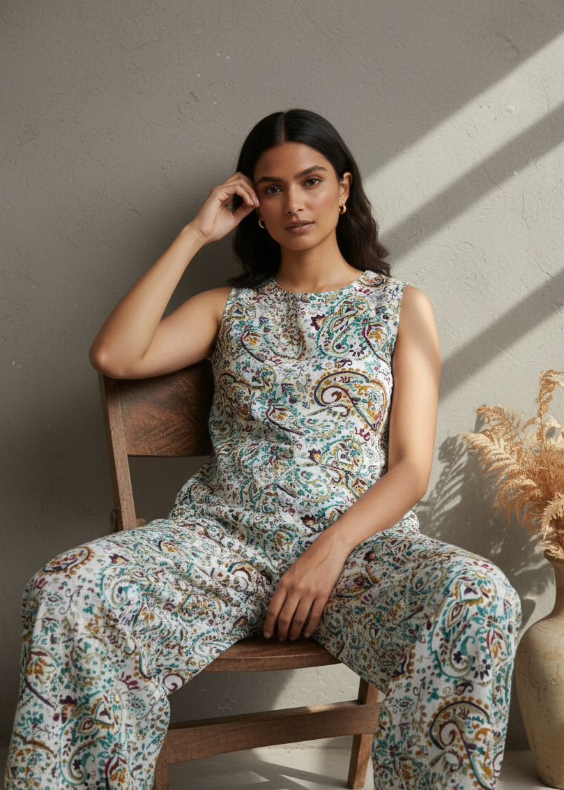 White Round Neck Sleeveless Printed Co-Ord Set For Women