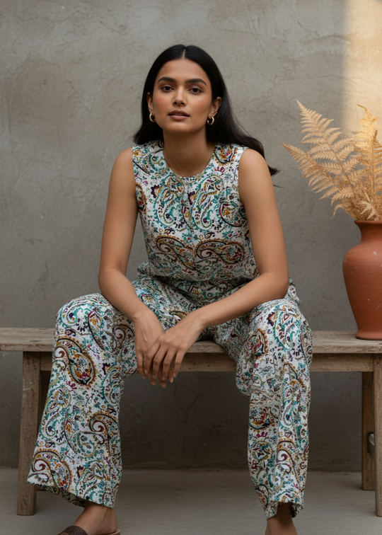 White Round Neck Sleeveless Printed Co-Ord Set For Women