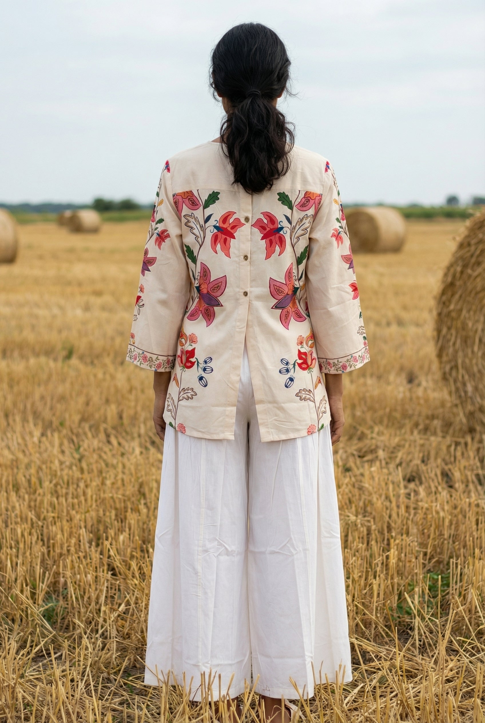 Cream Floral Print V-Neck Co-ord Set for Women