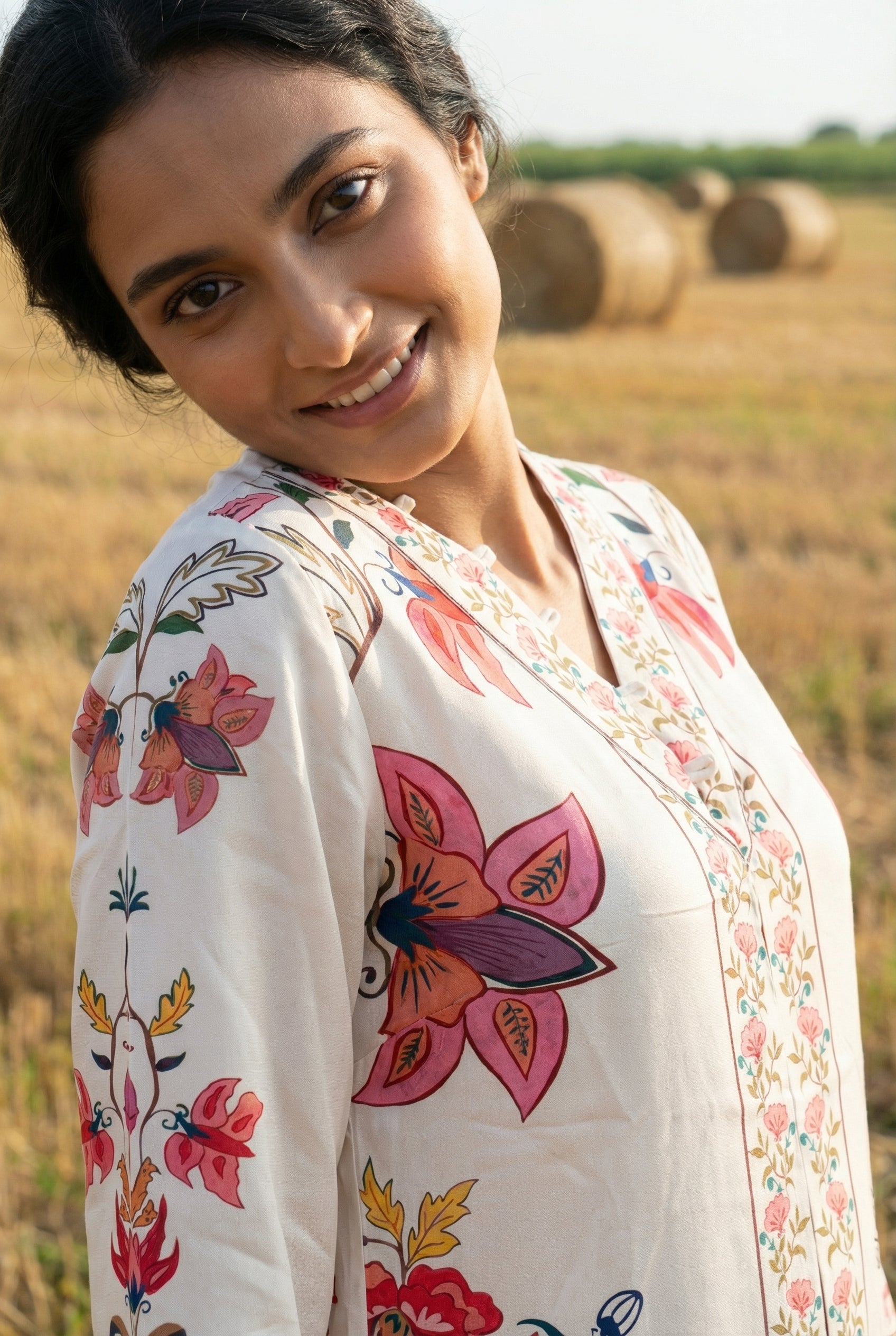 Cream Floral Print V-Neck Co-ord Set for Women