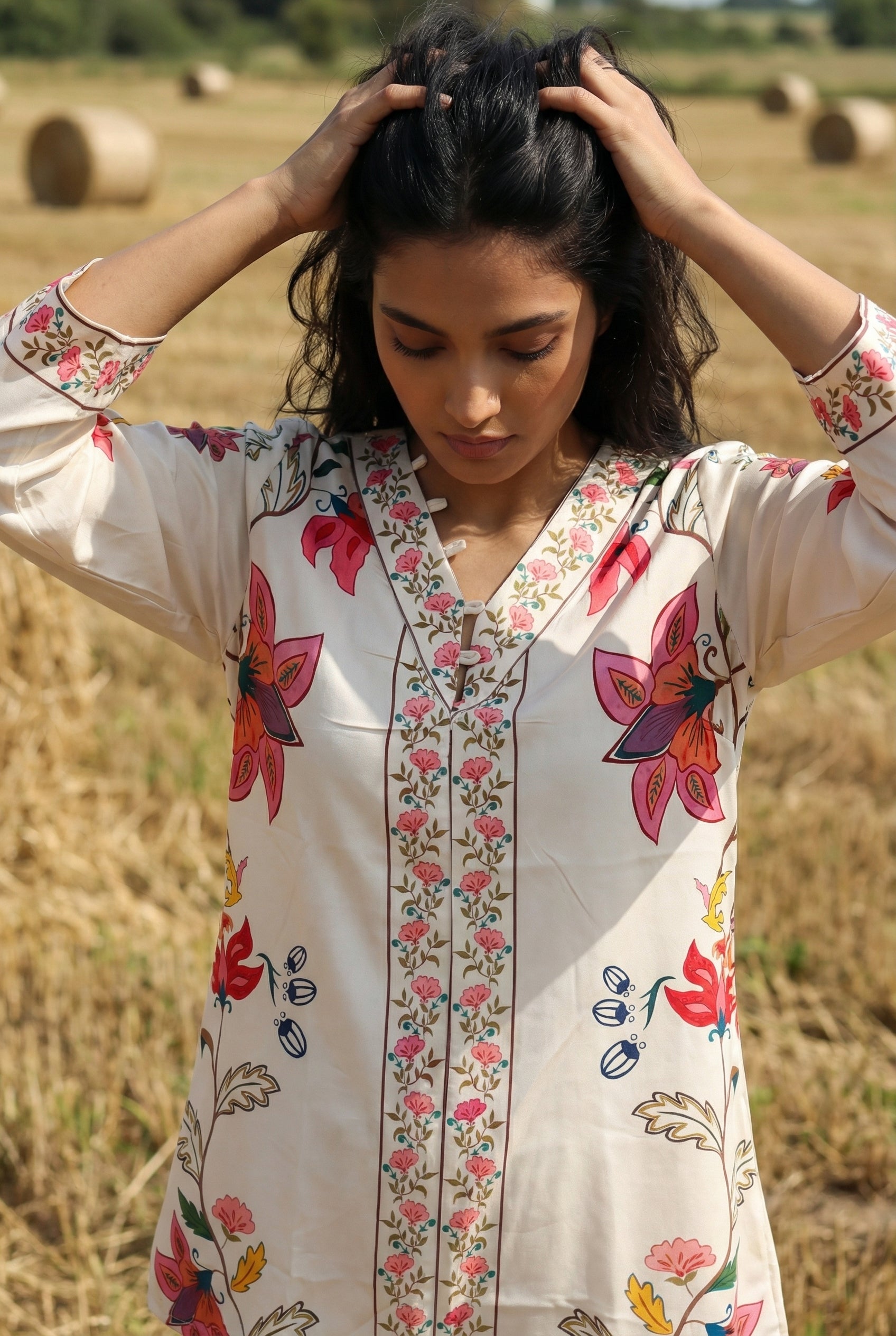 Cream Floral Print V-Neck Co-ord Set for Women