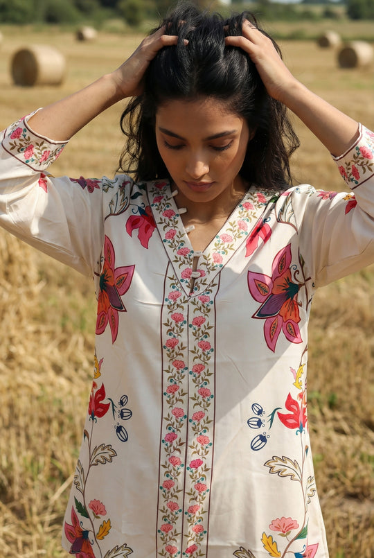 Cream Floral Print V-Neck Co-ord Set for Women