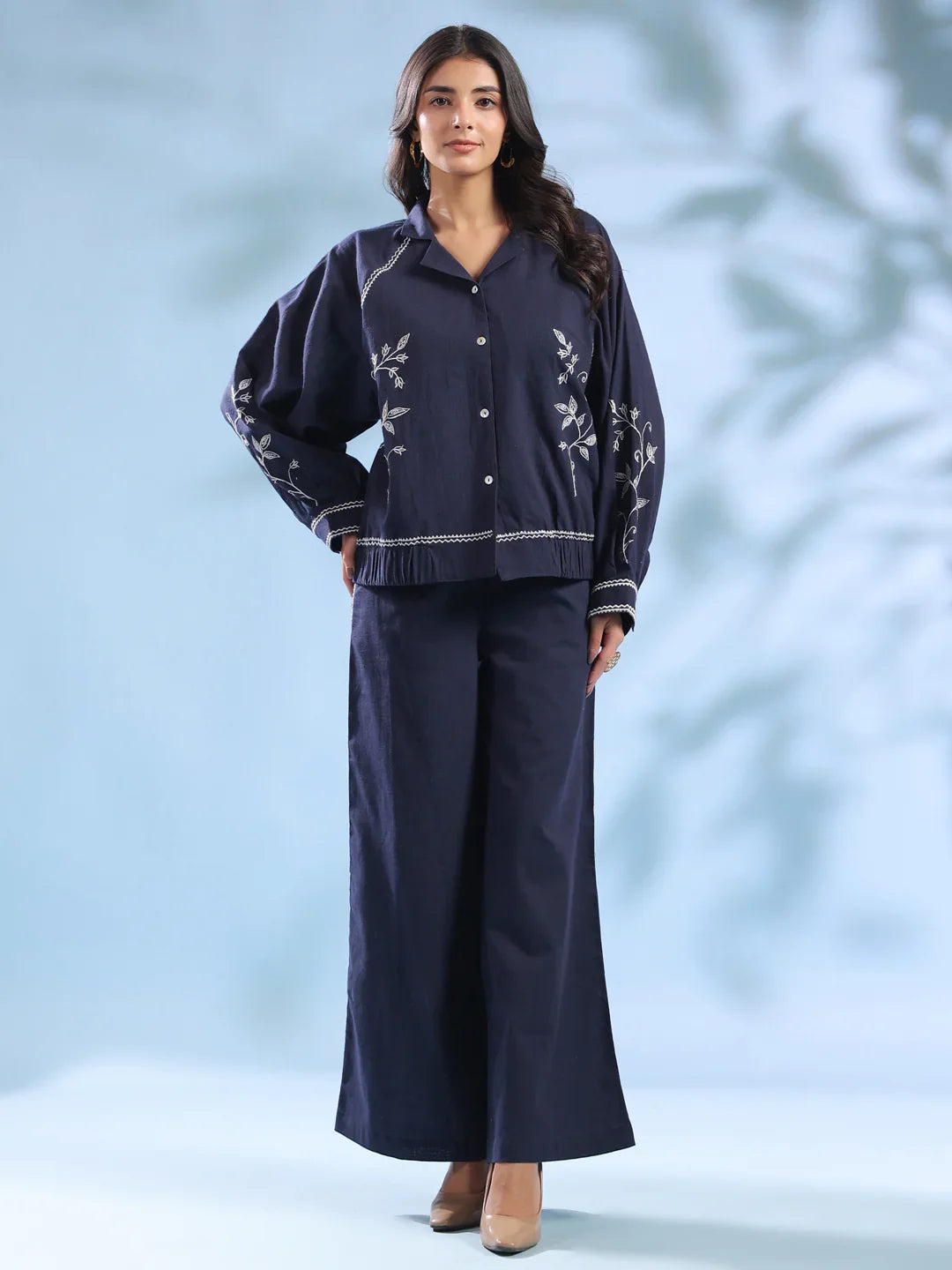 Navy Blue Dyed Shirt Collar Pure Cotton Co-Ord Set For Women