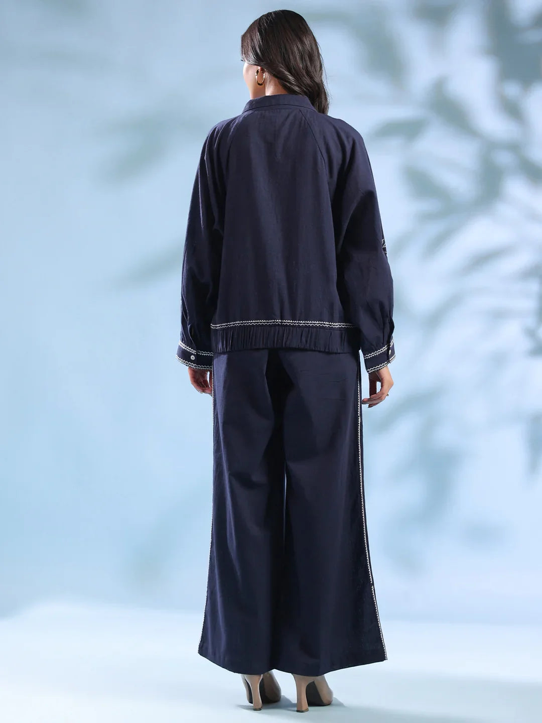 Navy Blue Dyed Shirt Collar Pure Cotton Co-Ord Set For Women