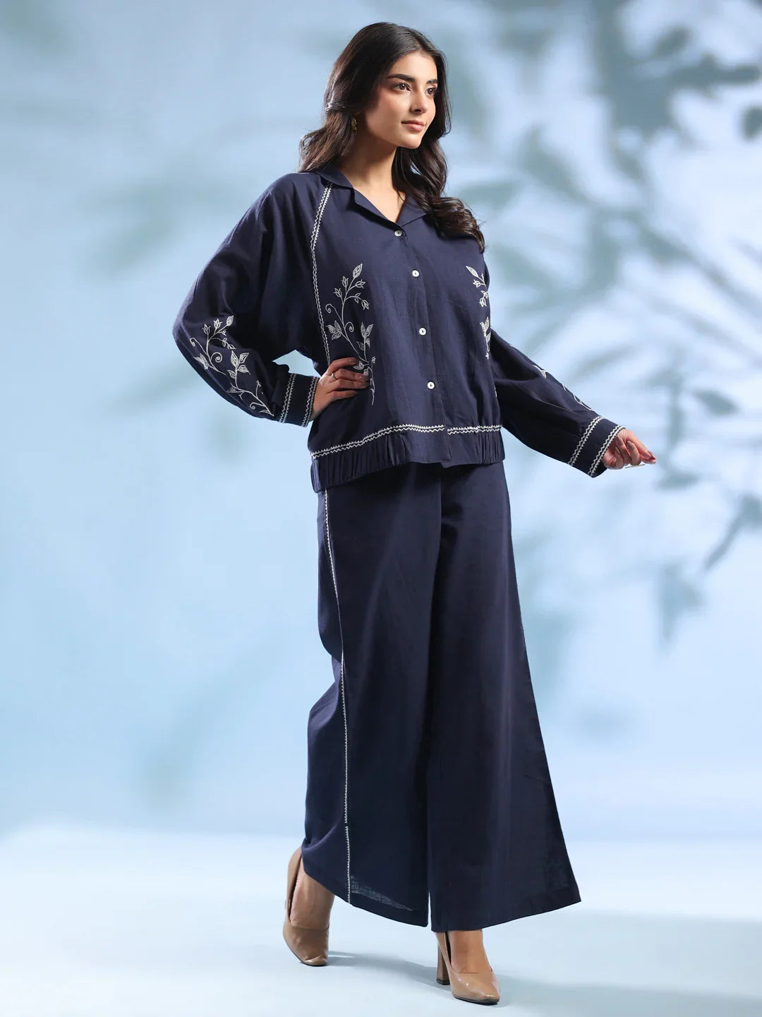 Navy Blue Dyed Shirt Collar Pure Cotton Co-Ord Set For Women