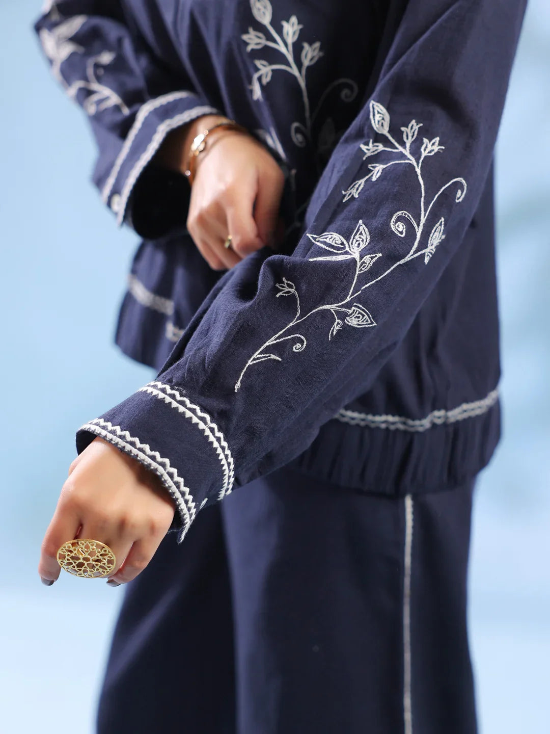 Navy Blue Dyed Shirt Collar Pure Cotton Co-Ord Set For Women