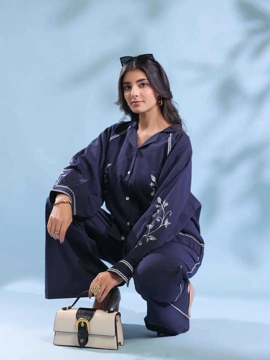 Navy Blue Dyed Shirt Collar Pure Cotton Co-Ord Set For Women