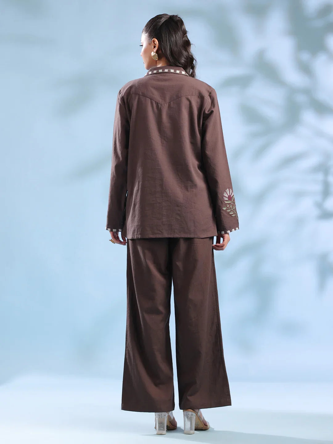 Coffee Brown Dyed Shirt Collar Pure Cotton Co-Ord Set For Women
